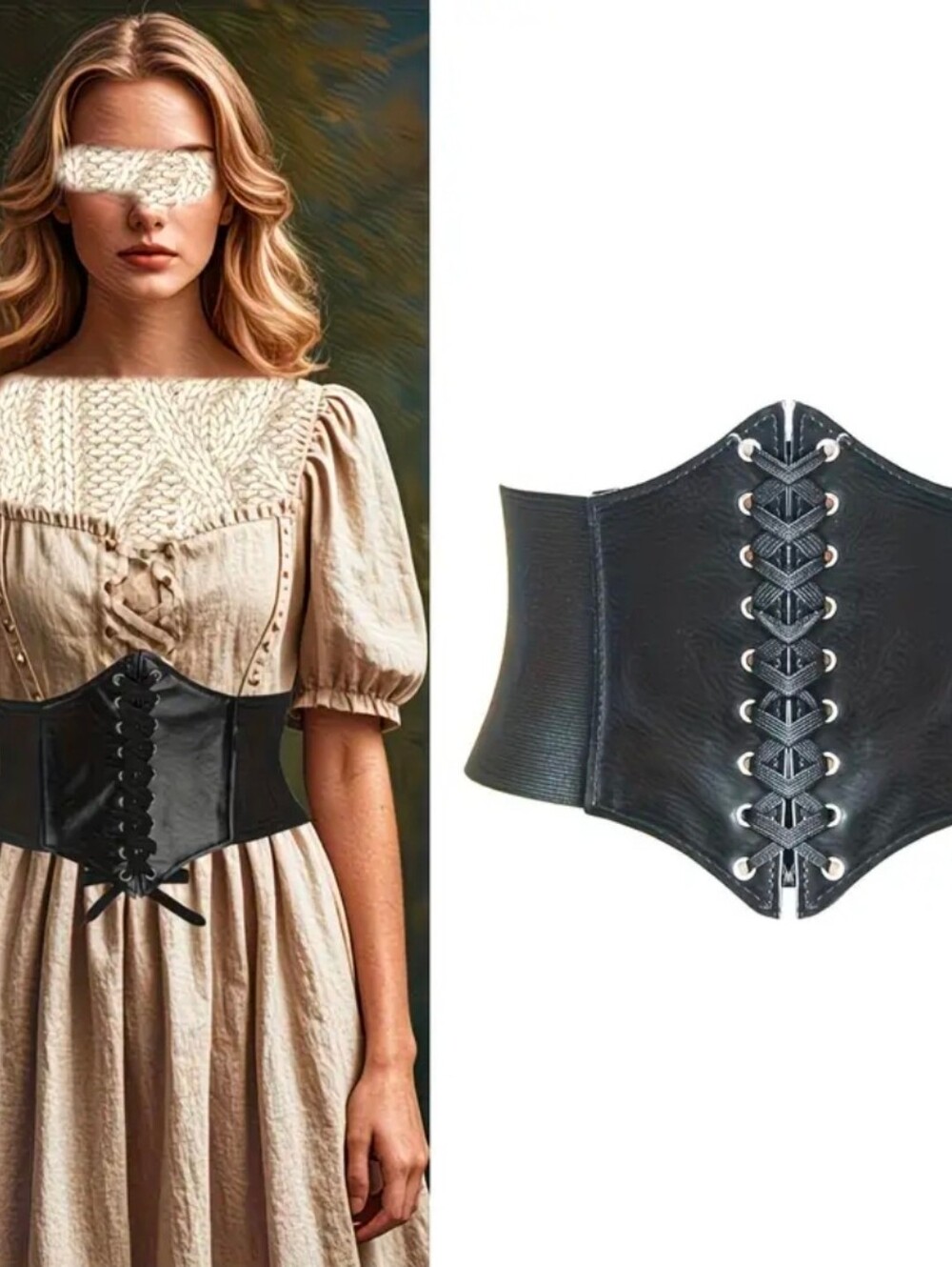 Black Lace-Up Wide Waist Cincher Paste Design Belt